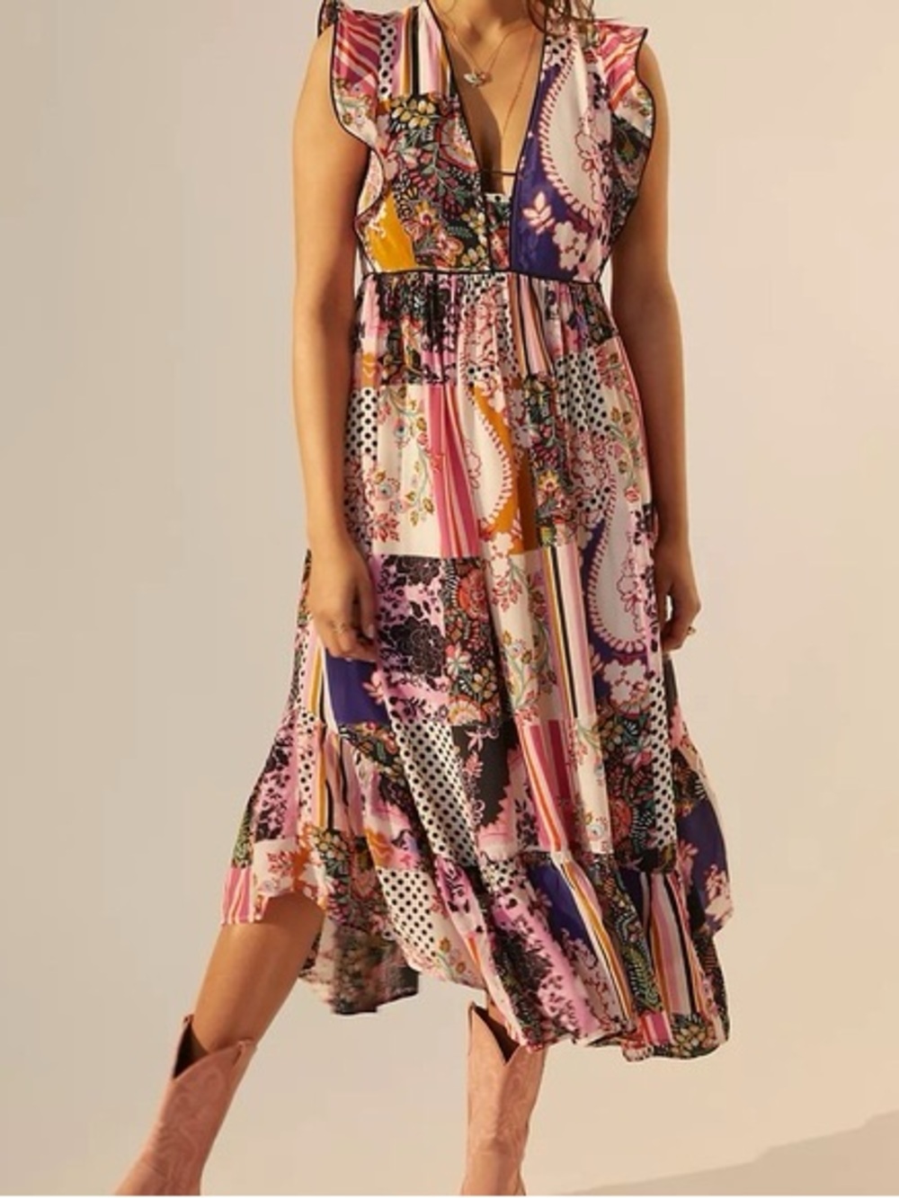Anthropologie Patchwork V-Neck Midi Dress Boho